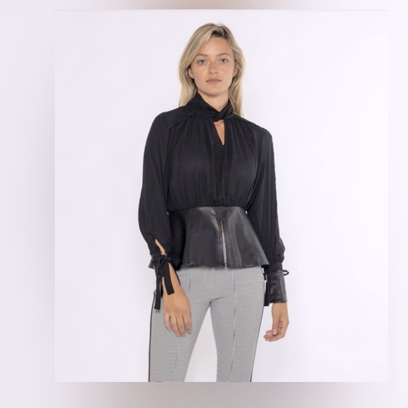 Peplum leather mixed media top GRACIA style T31697 - Picture 2 of 3